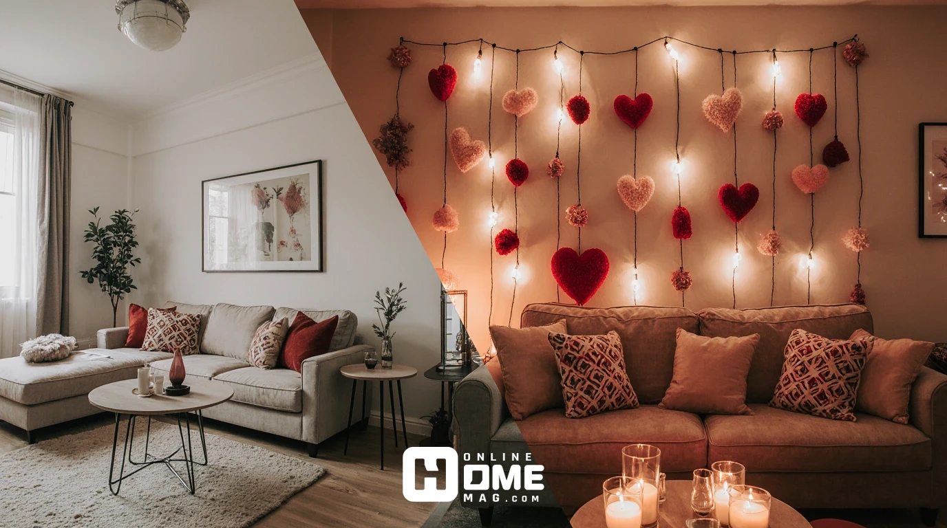 Split screen comparison showing small apartment living room transformation from regular setup to romantic Valentine's Day decorated space
