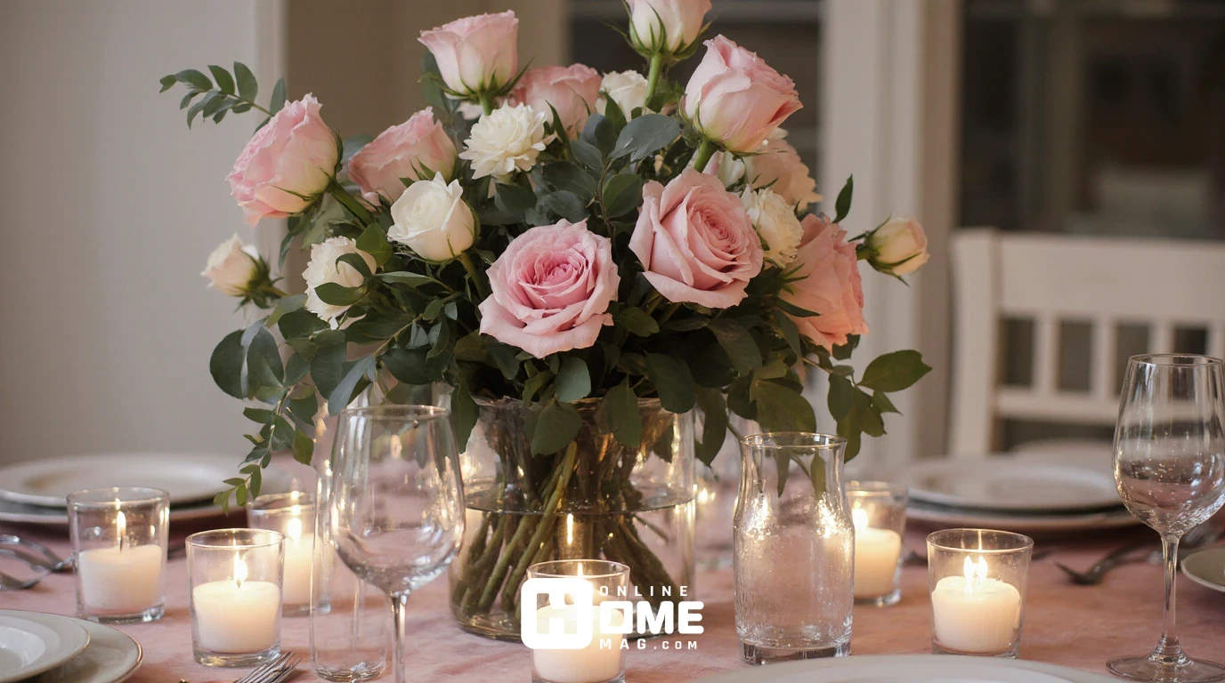 Elegant Valentine's Day table setting with red and pink color scheme, white tablecloth with burgundy velvet napkins, scattered rose petals, gold cutlery, soft candlelight, romantic dinner atmosphere, overhead view