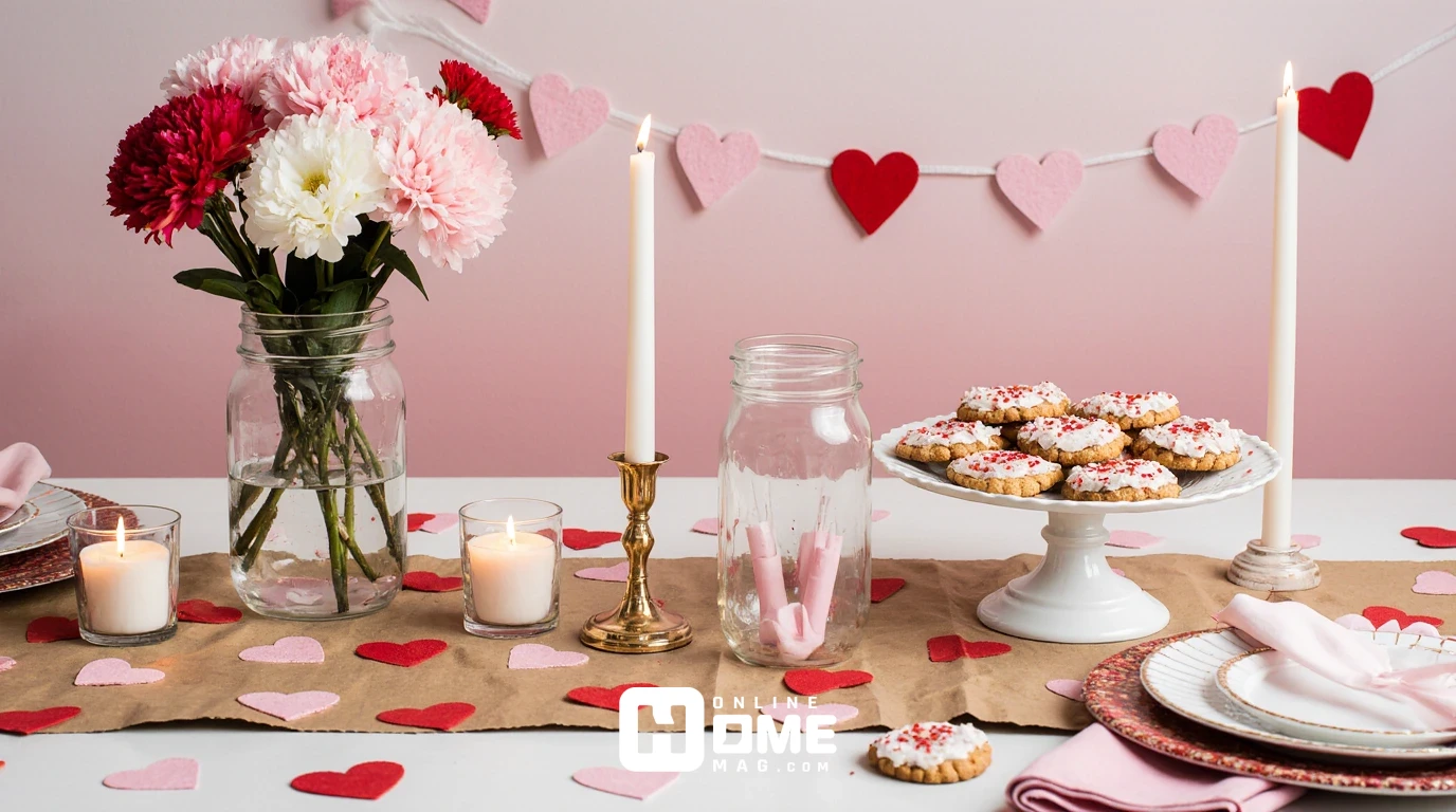 Budget-friendly DIY Valentine's table with kraft paper runner covered in hand-drawn hearts, mason jar vases with carnations, dollar store candles, paper heart garland, homemade cookies, charming and handmade feel