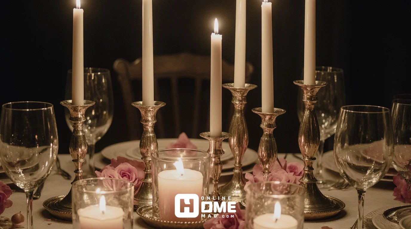 Romantic candlelit Valentine's table with multiple heights of white and pink candles, mercury glass votives, pillar candles on gold trays, soft glowing light, intimate dinner setting, moody atmospheric lighting
