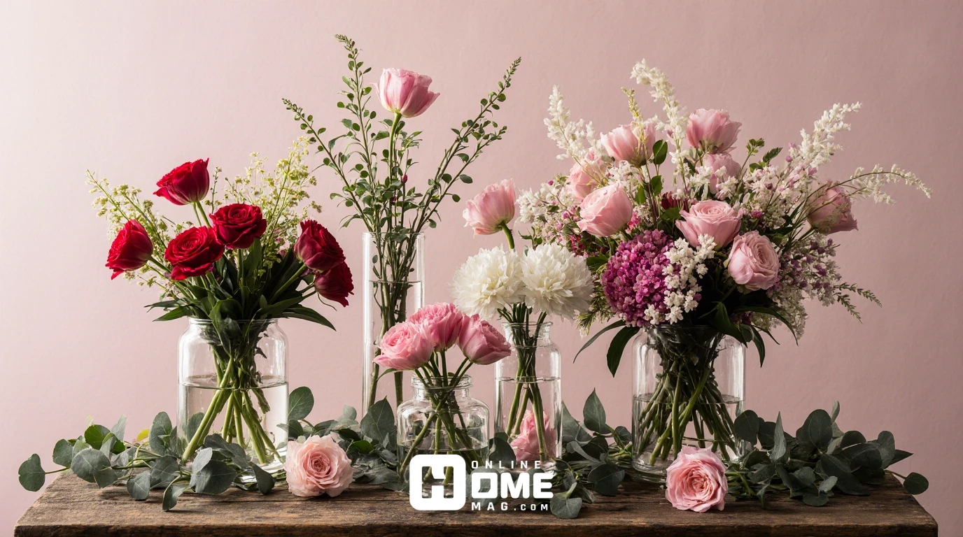 Fresh Valentine's flower arrangement with pink and red tulips, white ranunculus, eucalyptus leaves in clear glass vases, natural and elegant, soft daylight, various small arrangements across table