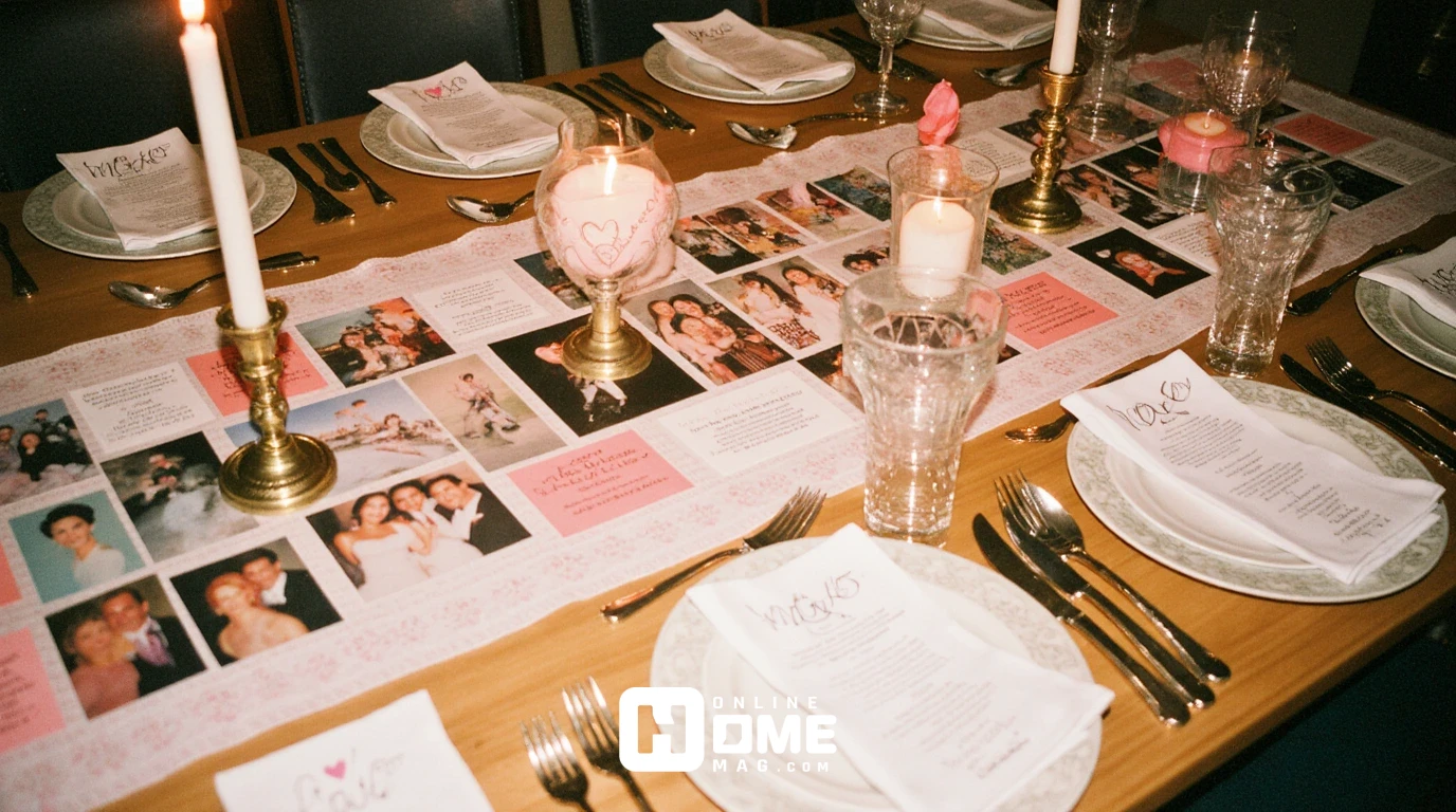 Personalized Valentine's table with photo timeline runner, handwritten love notes at each place, custom menu with couple's favorite meals, meaningful decorations, intimate and sentimental, warm home atmosphere