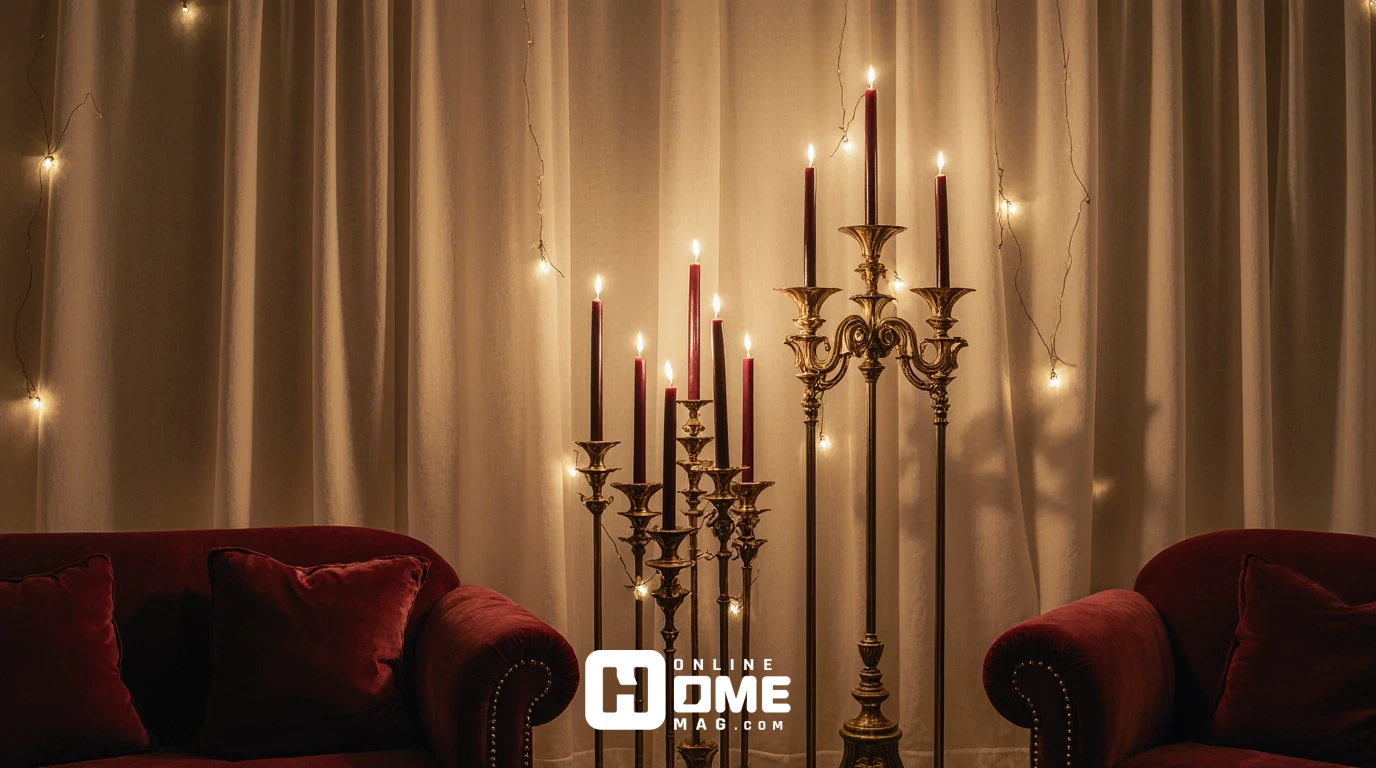 Luxurious Valentine's living room with multiple gold candelabras of different heights holding burgundy taper candles, warm string lights glowing behind sheer white curtains, and amber uplighting creating dramatic shadows on cream walls