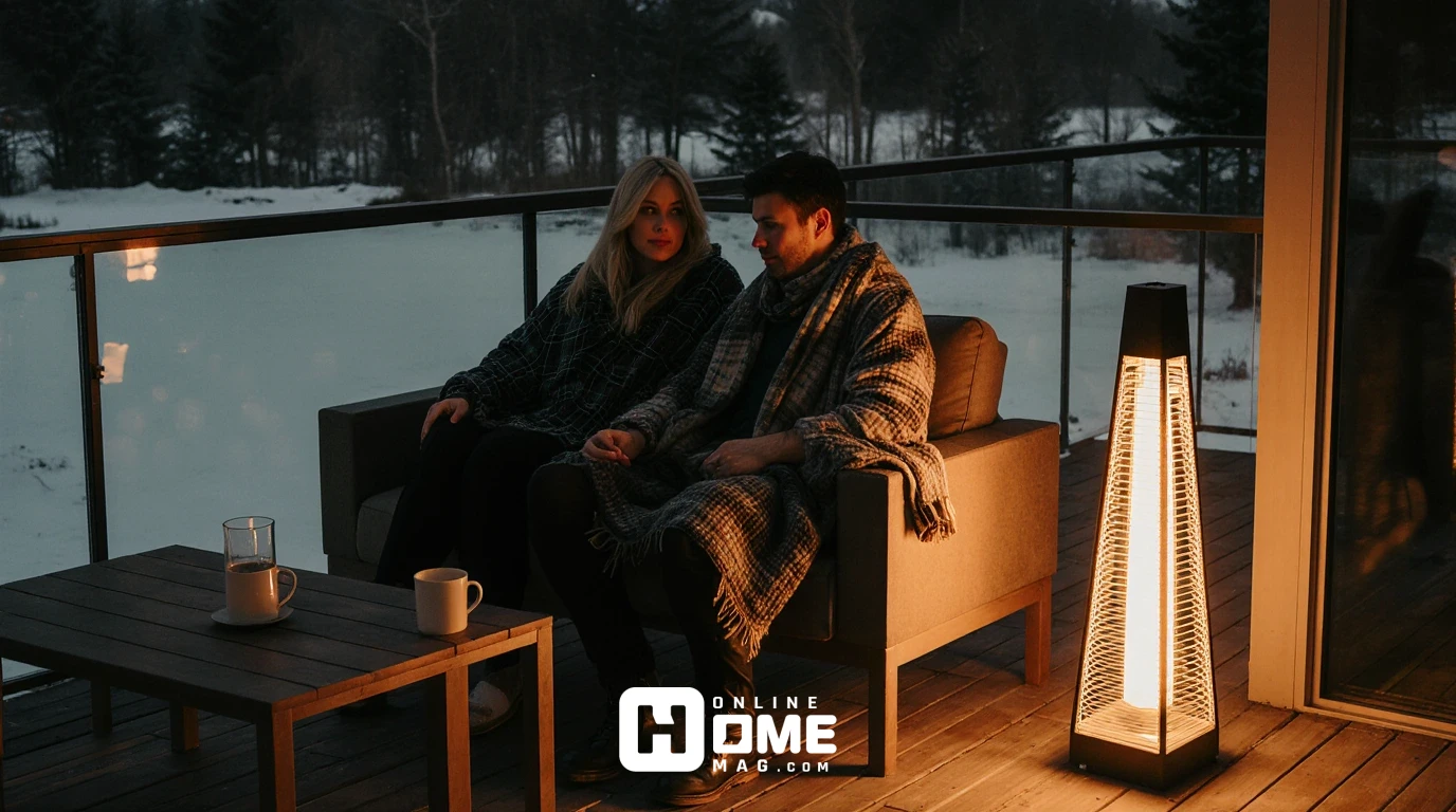 Cozy heated balcony for Valentine's Day with patio heater, warm blankets, and winter evening ambiance