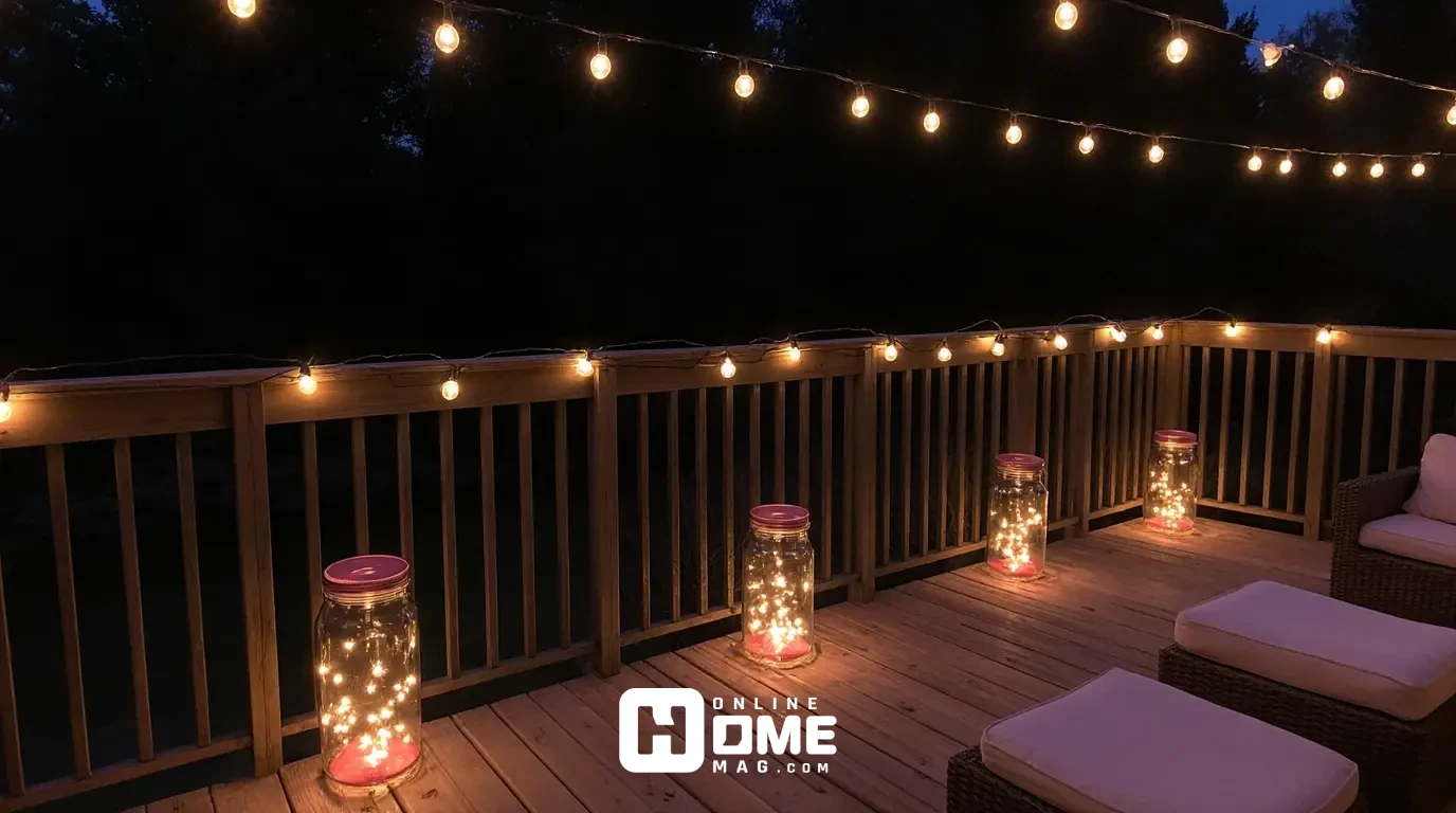 Multi-layered romantic lighting on Valentine's balcony with string lights, lanterns, and fairy lights in jars