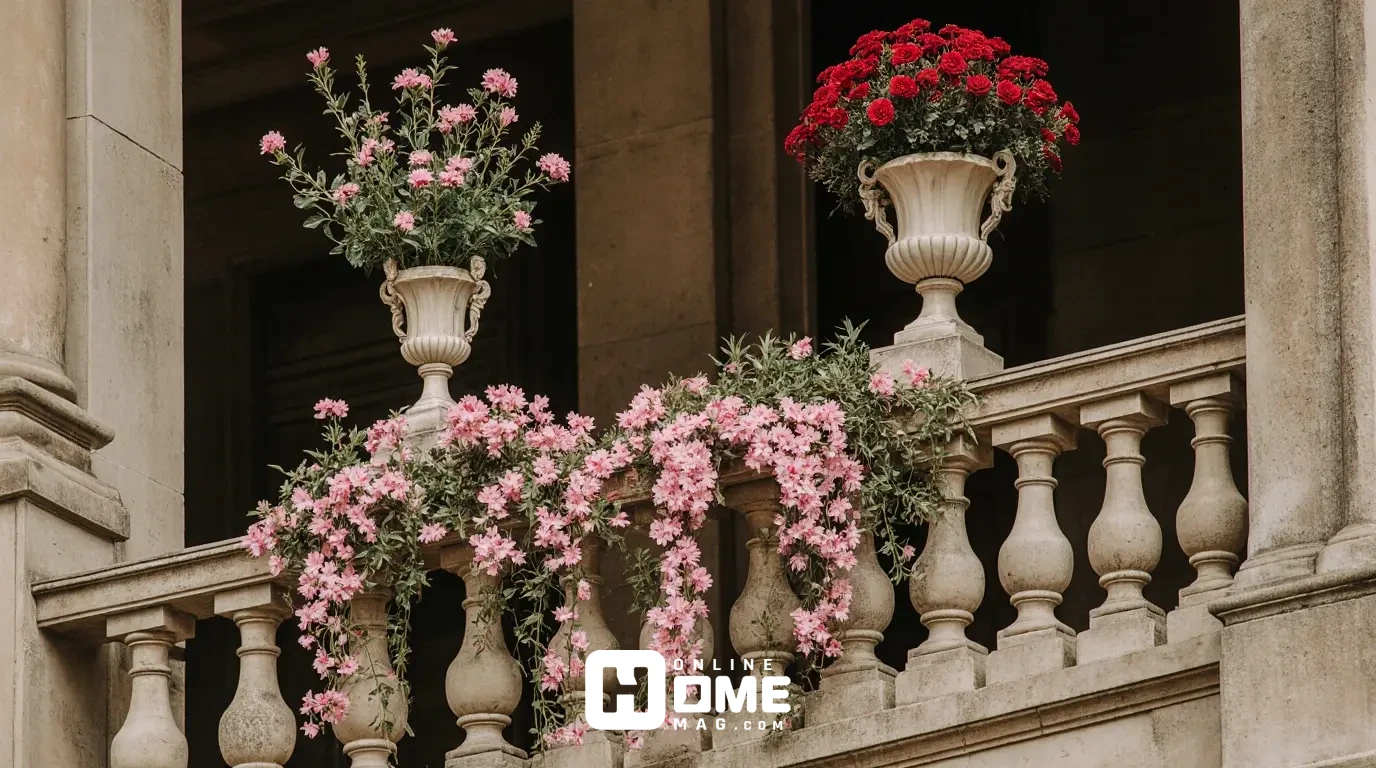 Valentine's Day balcony decorated with multiple floral arrangements including roses, tulips, and hanging garlands