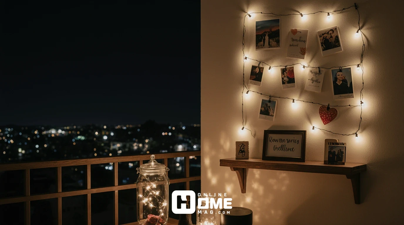 Personalized Valentine's balcony decorations featuring photos, love notes, and meaningful mementos