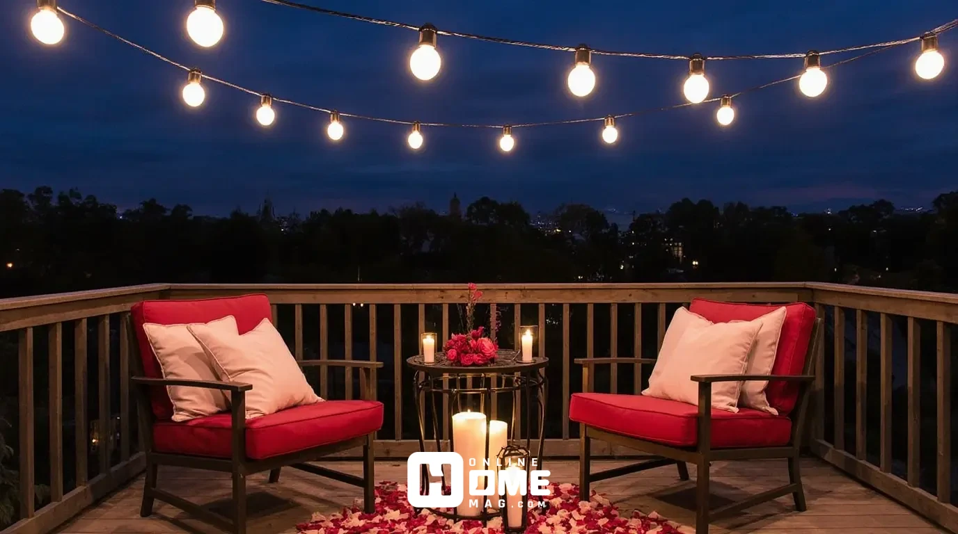 Romantic balcony decorated with string lights, red cushions, and candles for Valentine's Day celebration