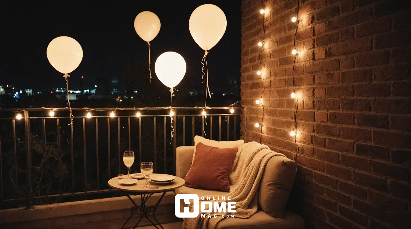 Small apartment balcony decorated for Valentine's Day with bistro table, heart balloons, and vertical lighting