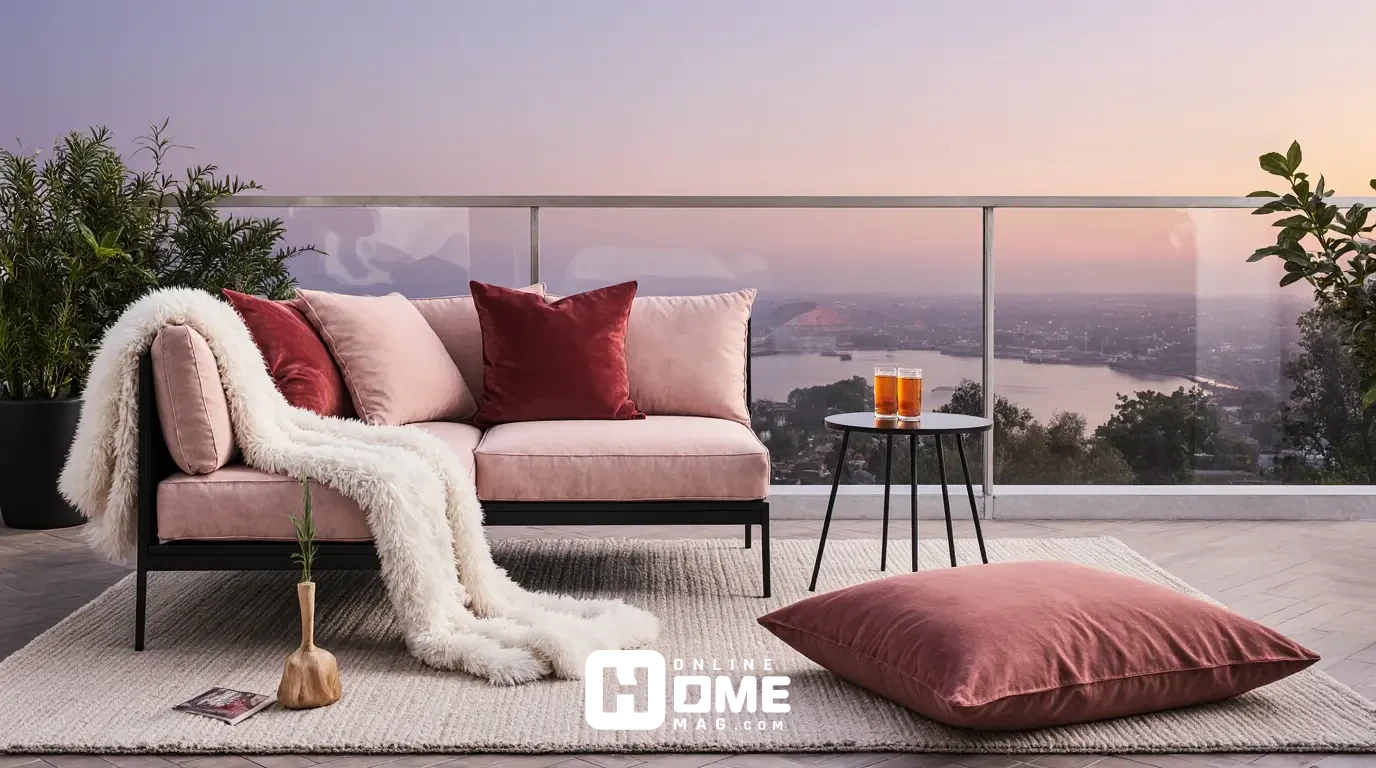 Cozy Valentine's Day balcony seating area with loveseat, cushions, throws, and side table setup