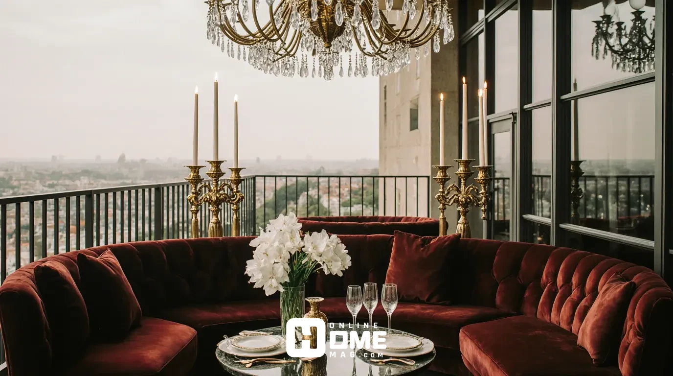 Luxurious Valentine's Day balcony featuring velvet furniture, gold accents, orchids, and elegant lighting