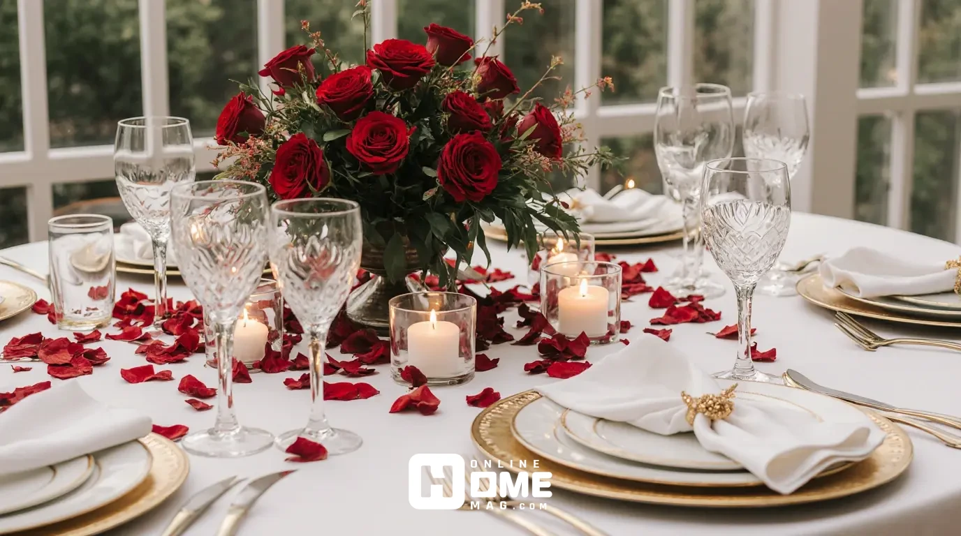 Elegant Valentine's Day table setting on balcony with roses, fine dinnerware, and romantic candle lighting