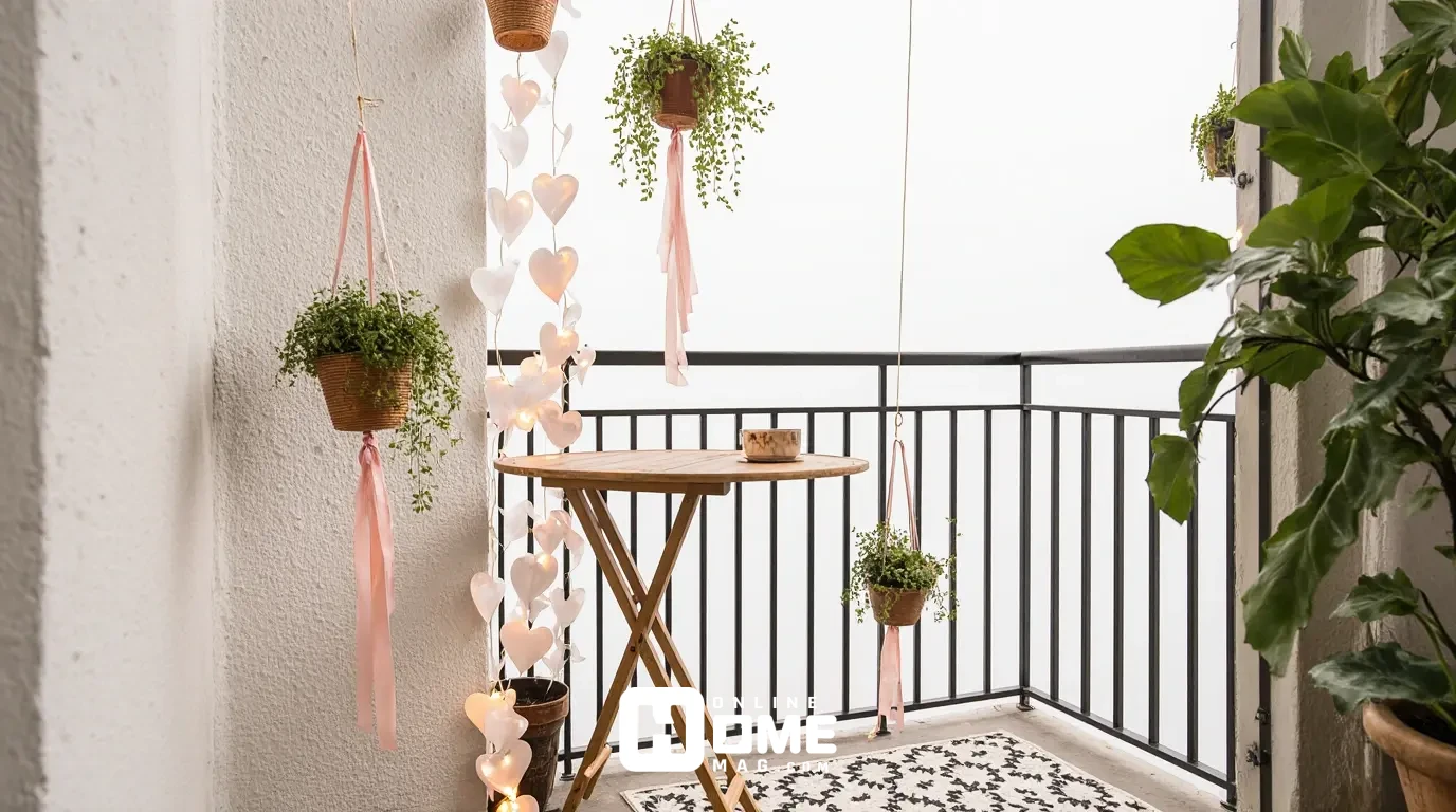 Space-efficient Valentine's decorations on small apartment balcony with vertical elements and foldable furniture