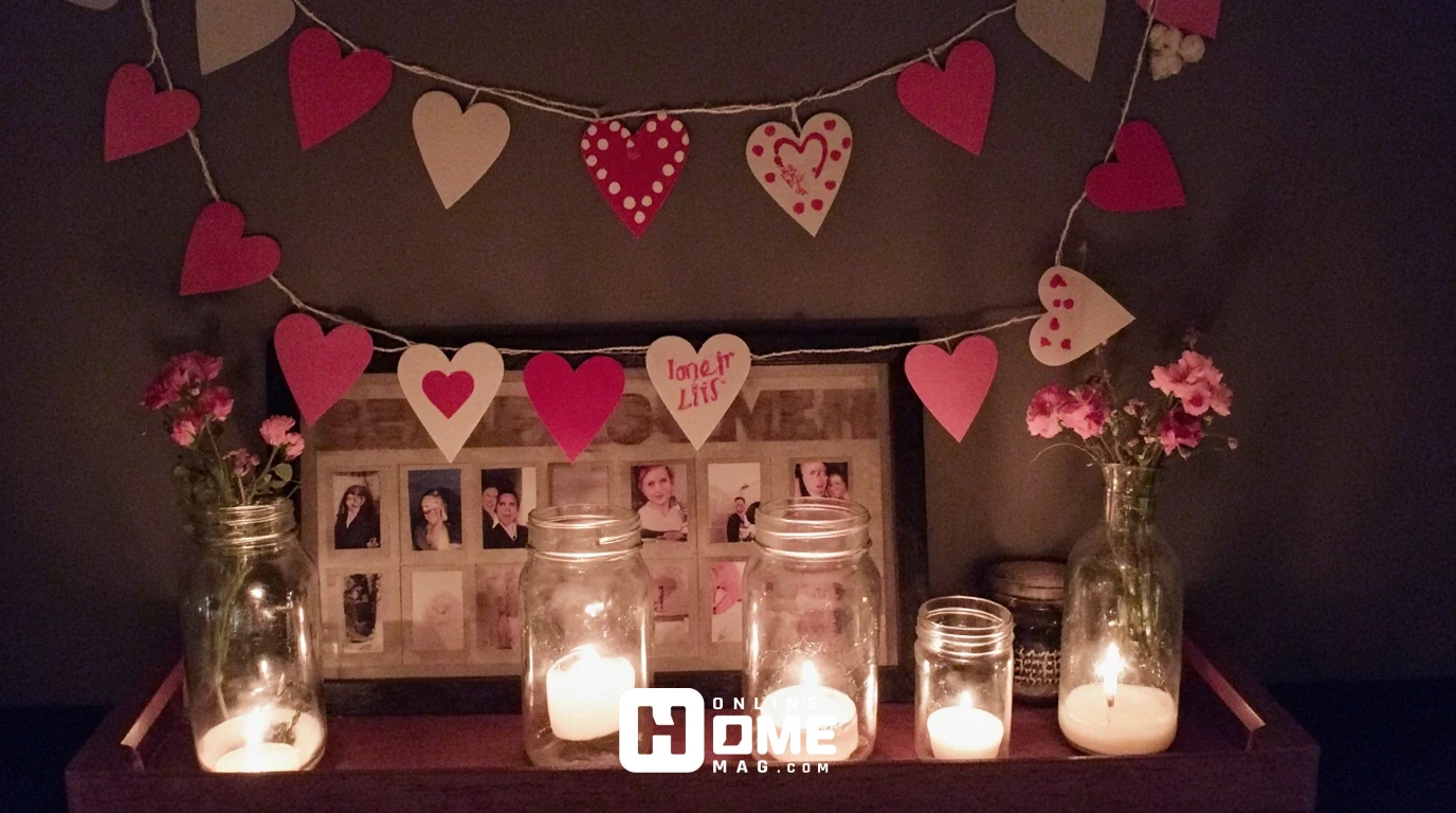 Collection of DIY Valentine's Day decorations for balcony including paper hearts, painted jars, and personalized signs