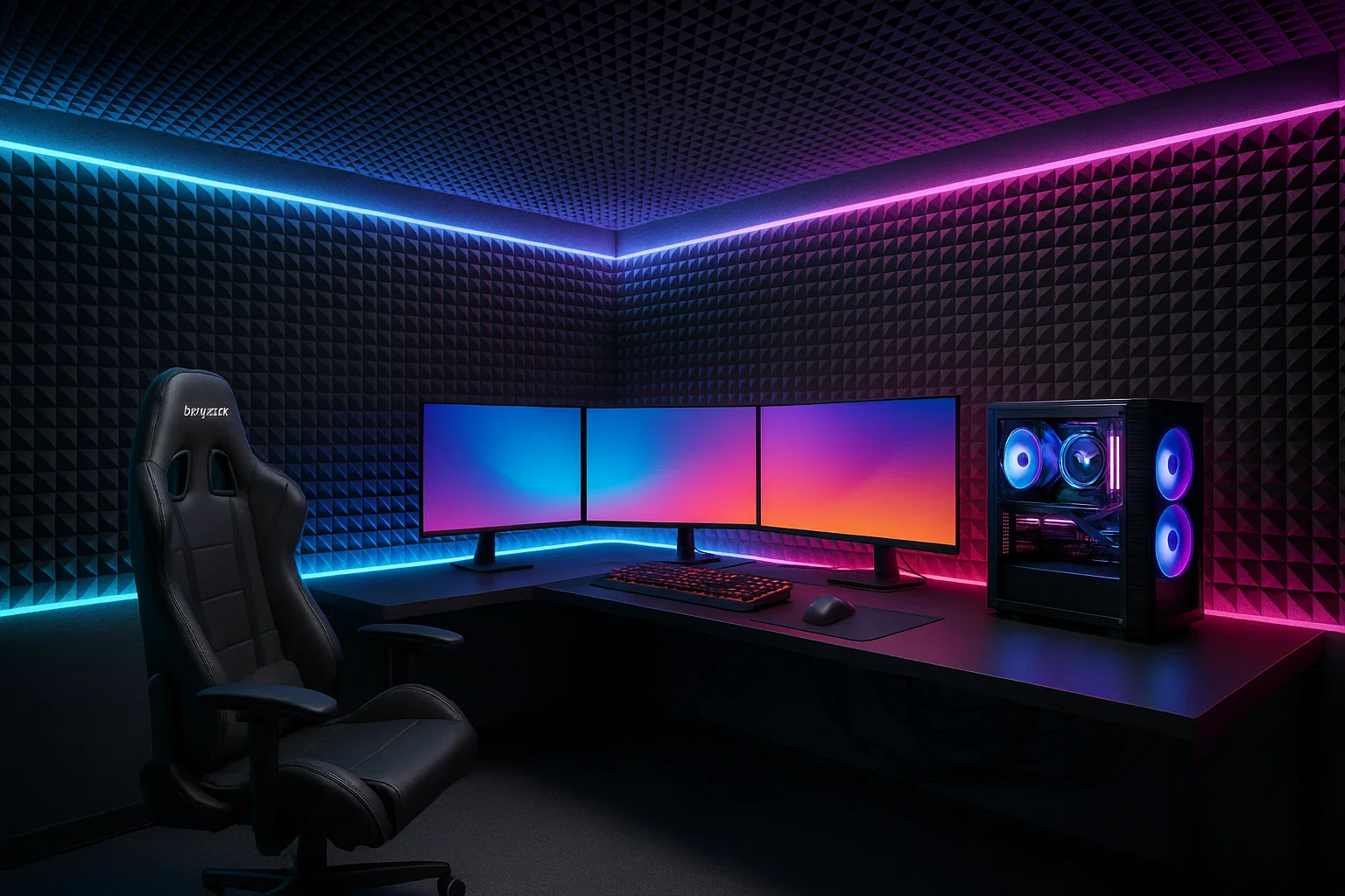 Complete gaming room acoustic treatment with pyramid foam panels on walls and ceiling, RGB backlighting, and professional PC battlestation setup