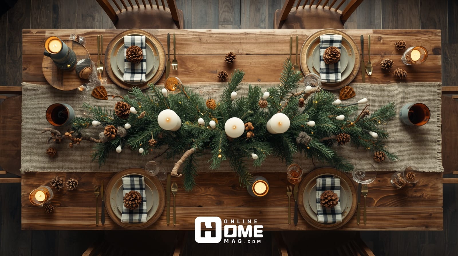 Rustic Christmas table decor with natural wood, burlap runner, evergreen centerpiece, and candlelight creating cozy farmhouse holiday atmosphere 