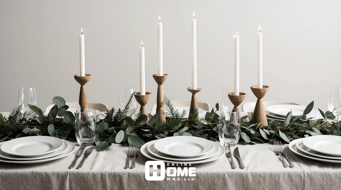 Modern rustic Christmas table, geometric candle holders, sleek white dinnerware, minimal centerpiece with eucalyptus and single candle, clean lines with natural elements 