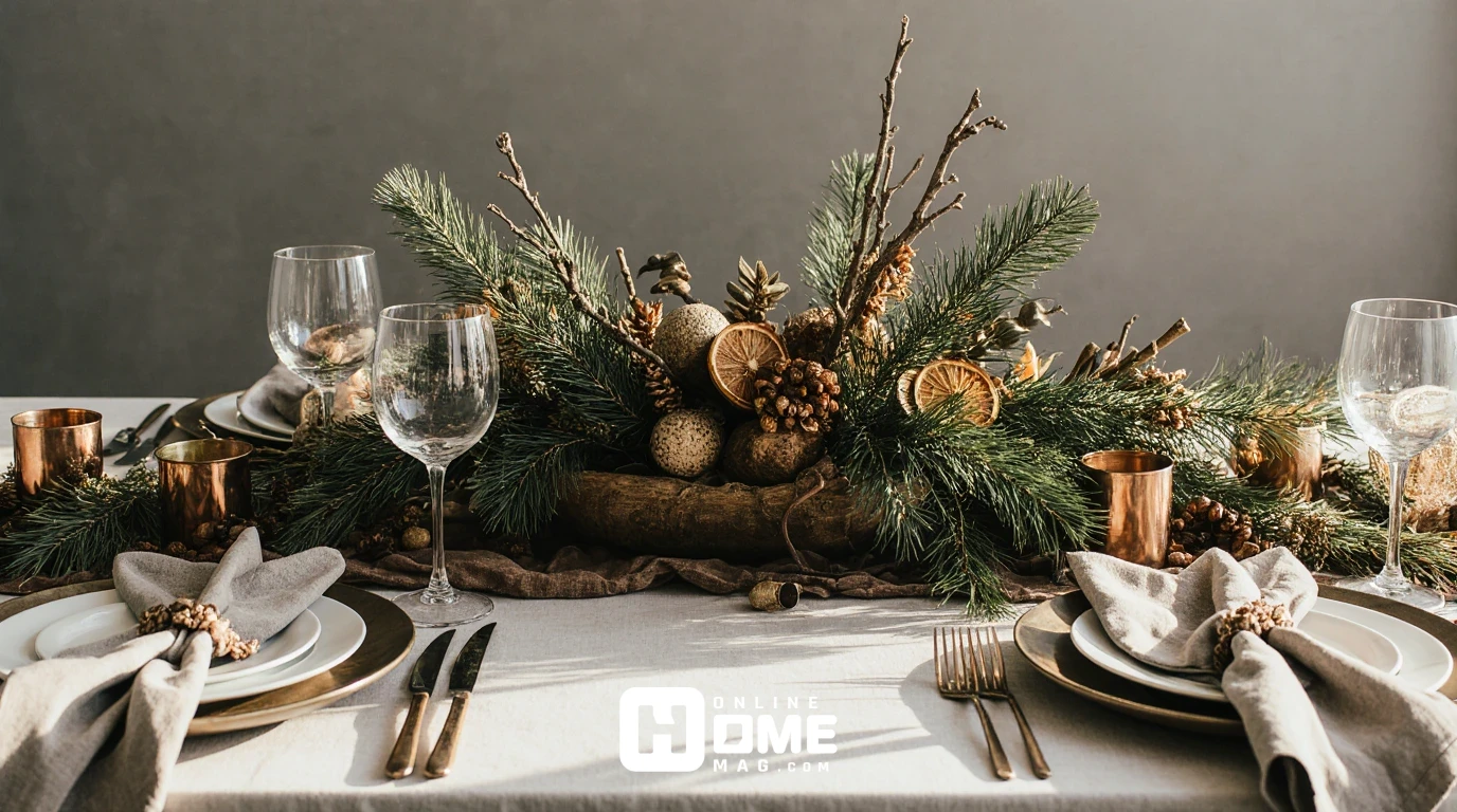  Rustic Christmas table decor with natural wood, burlap runner, evergreen centerpiece, and candlelight creating cozy farmhouse holiday atmosphere 