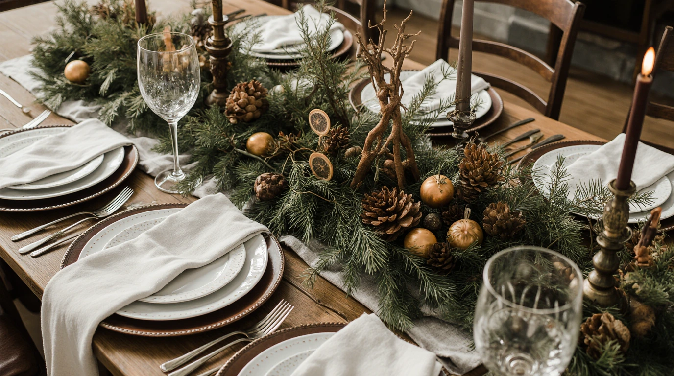 Rustic Christmas table decor with natural wood, burlap runner, evergreen centerpiece, and candlelight creating cozy farmhouse holiday atmosphere