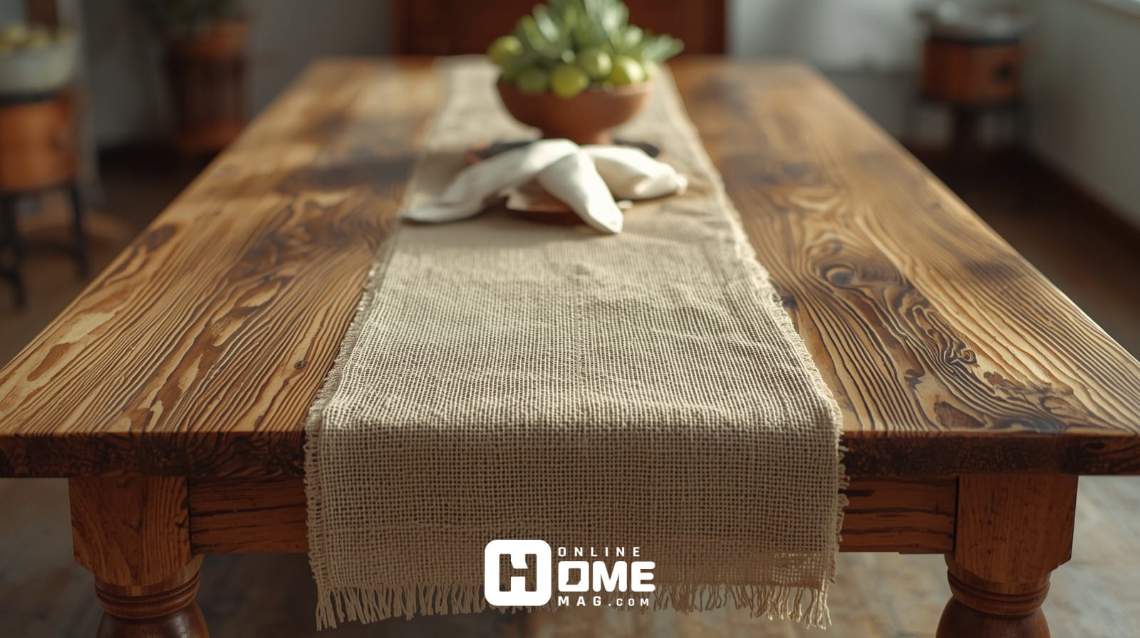 Rustic Christmas tablecloth layering with burlap runner over linen on farmhouse wooden table showing natural texture 
