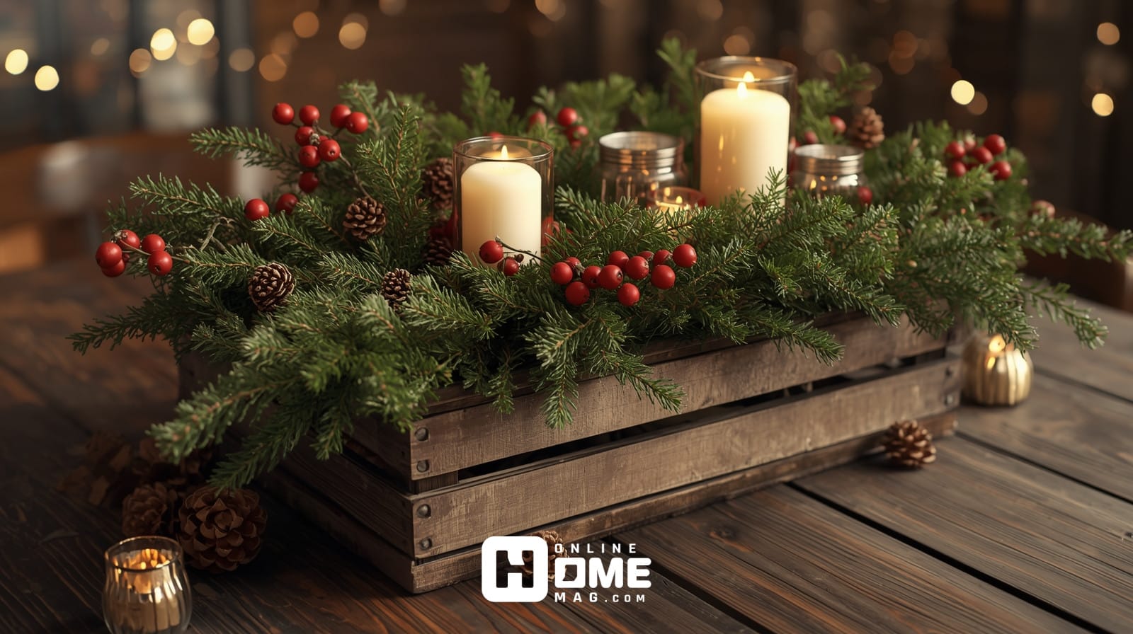 Rustic Christmas centerpiece in vintage wooden crate with evergreen branches, candles, and pinecones for farmhouse table 