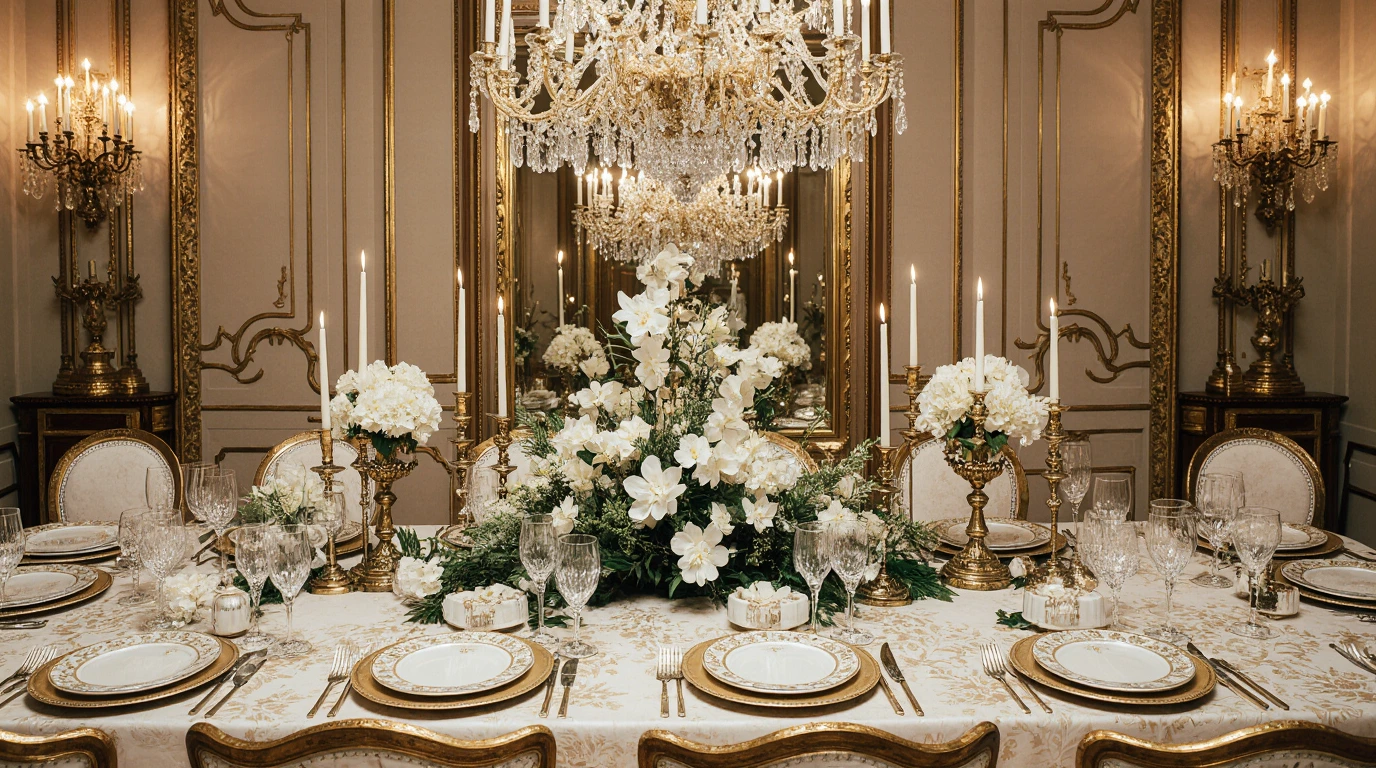 Overhead view of an ultra-luxurious Christmas dining table featuring Baccarat crystal glasses, gold-rimmed Hermès china, ivory silk damask tablecloth with gold embroidery, white orchid centerpiece with frosted pine, crystal candelabras, and gold cutlery in an elegant mansion dining room