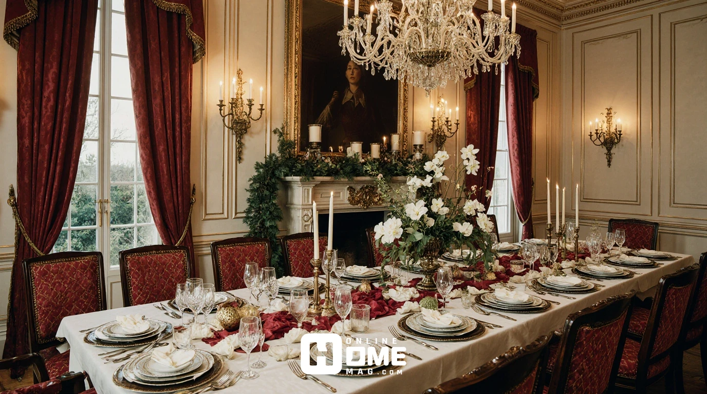 Complete luxury Christmas table setting editorial shot showing entire dining table with Hermès china, Baccarat crystal, sterling silver flatware, silk linens, elaborate orchid and rose centerpiece, glowing candelabras, and lush garland in elegant dining room