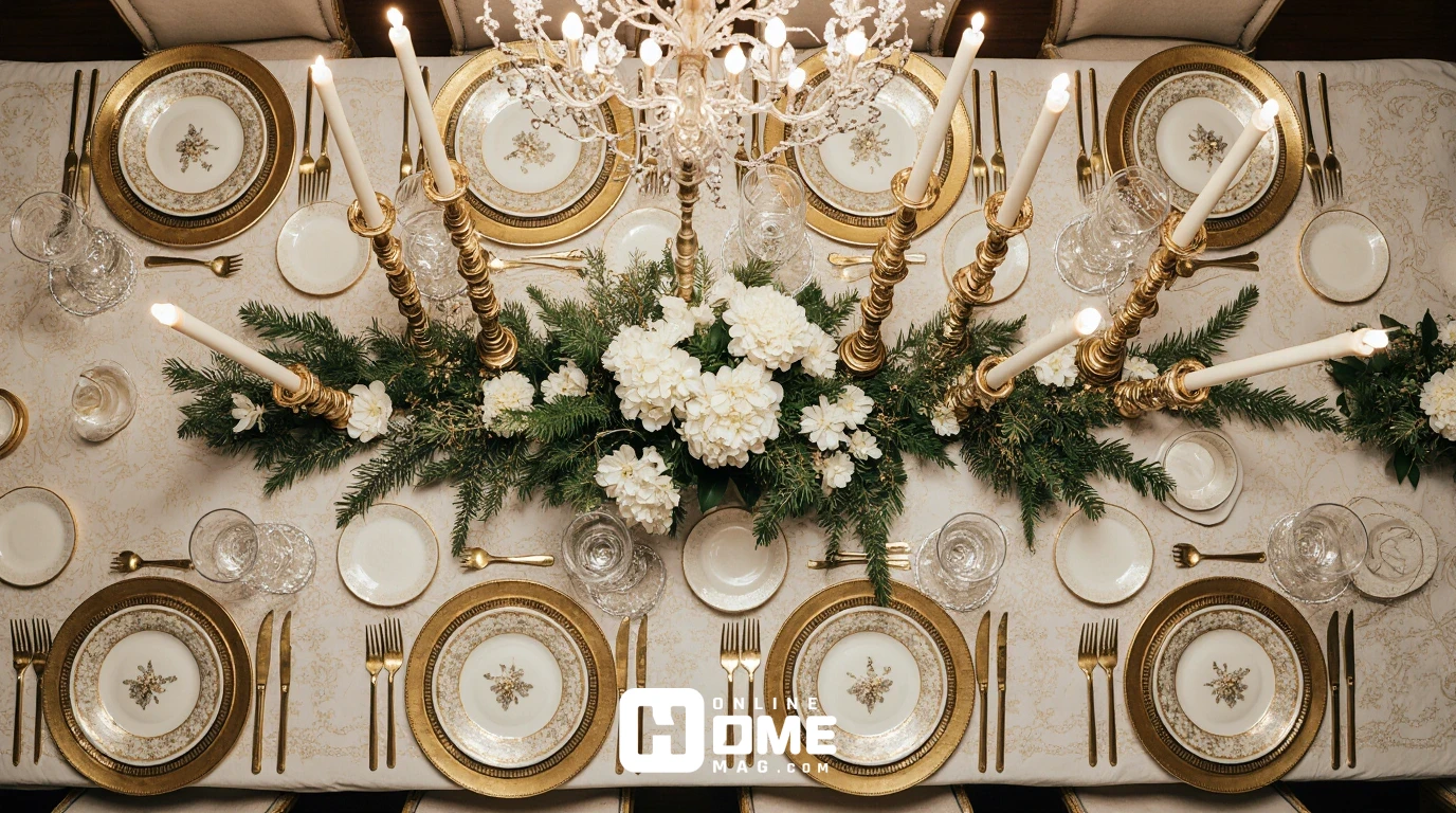 Overhead view of an ultra-luxurious Christmas dining table featuring Baccarat crystal glasses, gold-rimmed Hermès china, ivory silk damask tablecloth with gold embroidery, white orchid centerpiece with frosted pine, crystal candelabras, and gold cutlery in an elegant mansion dining room