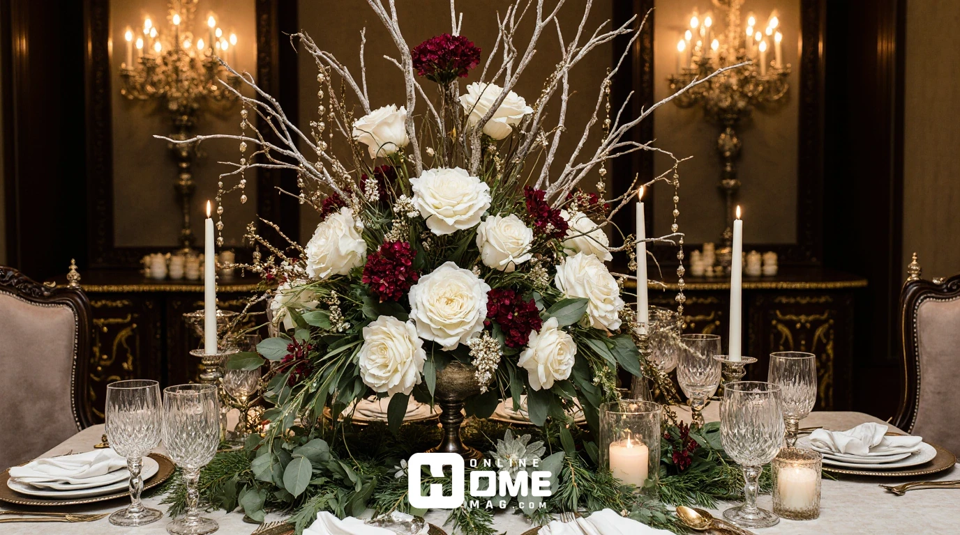 Opulent Christmas centerpiece arrangement with white Juliet roses, ivory orchids, burgundy amaryllis in antique sterling silver epergne, platinum-painted branches, Swarovski crystals, gold-leafed eucalyptus, surrounded by Baccarat votives and Cire Trudon candles