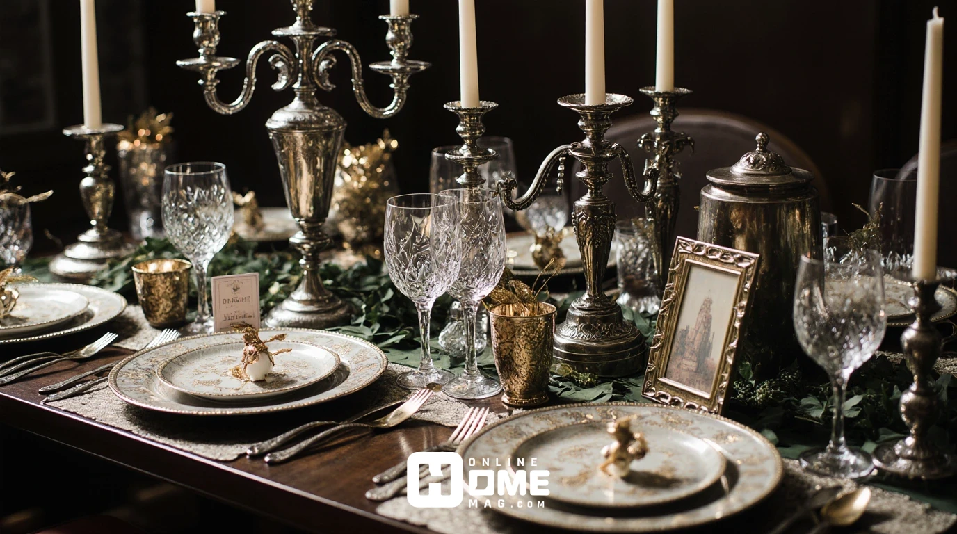 Luxury Christmas table metallic accents featuring Georgian sterling silver candelabra with ivory candles, Christofle gold-plated flatware, crystal salt cellars, silver champagne bucket with Dom Pérignon, and scattered 24k gold leaf on dark wood table