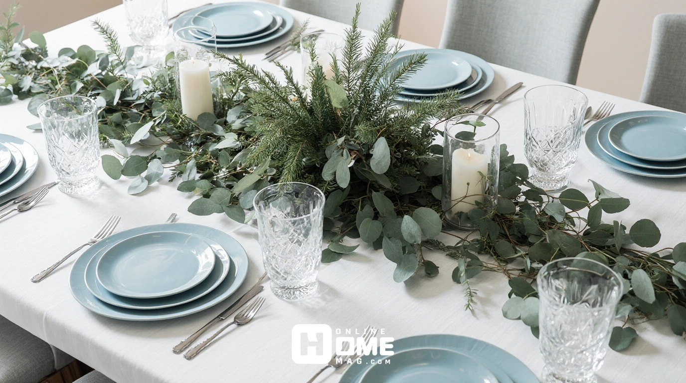 "A minimalist Christmas table featuring soft blue plates, crystal glassware, and a lush greenery centerpiece made of eucalyptus and pine. Simple white candles are placed in clear glass holders, creating a serene and natural ambiance. The table is clean and elegant, with the natural greenery and simple decor enhancing the festive yet understated vibe."