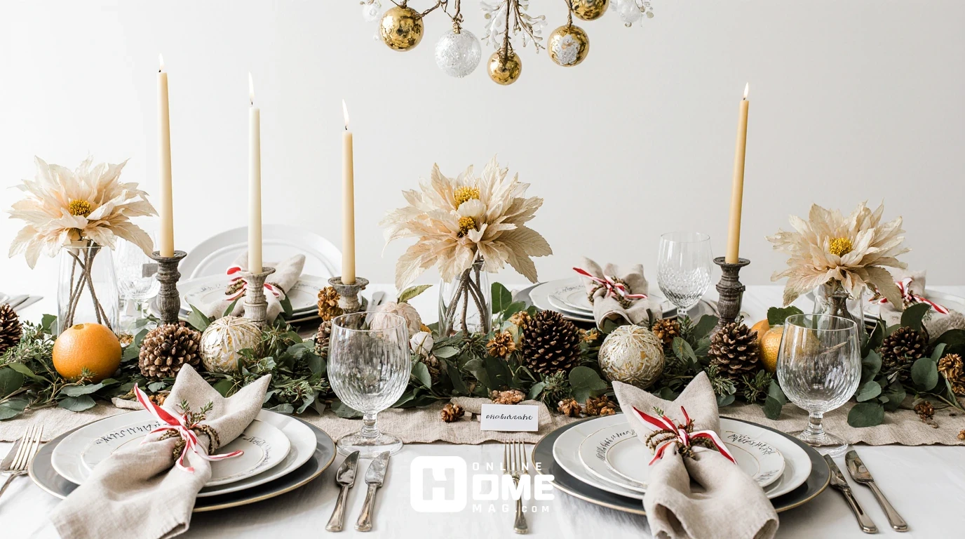 "A beautifully set minimalist Christmas table with soft golden candles, white plates with elegant calligraphy, and delicate floral centerpieces. Pinecones, greenery, and oranges add a natural touch, while small gift-wrapped napkins with red ribbon add a festive detail. A subtle hanging ornament arrangement enhances the festive yet minimalist ambiance of the table."