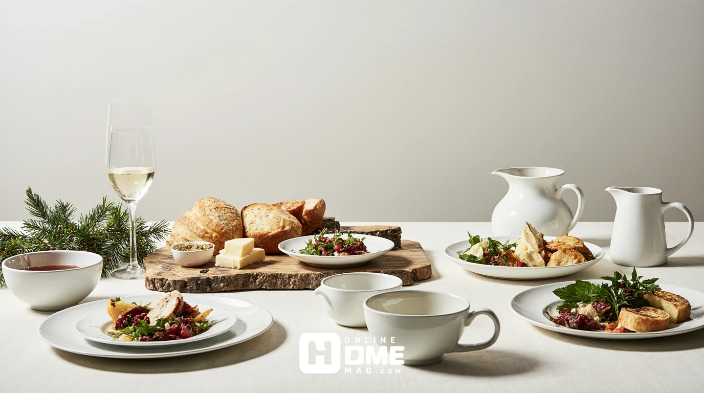 "A minimalist Christmas table set with white plates, a glass of white wine, and simple dishes including salad and bread. The table features natural elements like pine branches, with a cozy, understated atmosphere. A rustic wooden board holds bread and cheese, complementing the simple elegance of the decor."