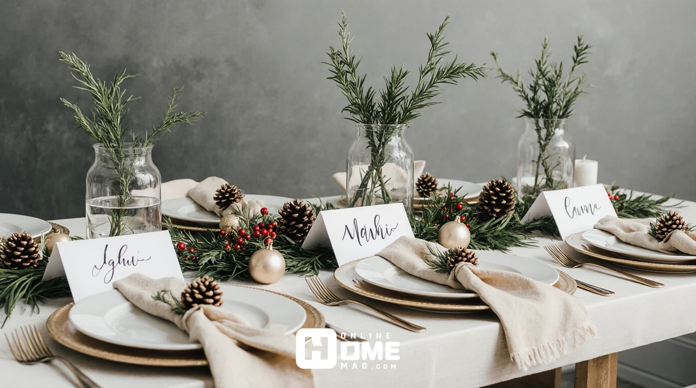 "A minimalist Christmas table featuring simple white dinnerware, elegant glassware, and small greenery arrangements in glass bottles. Pinecones and golden ornaments add a festive touch, while handwritten place cards with sprigs of rosemary add a personal and natural element to the table setting."