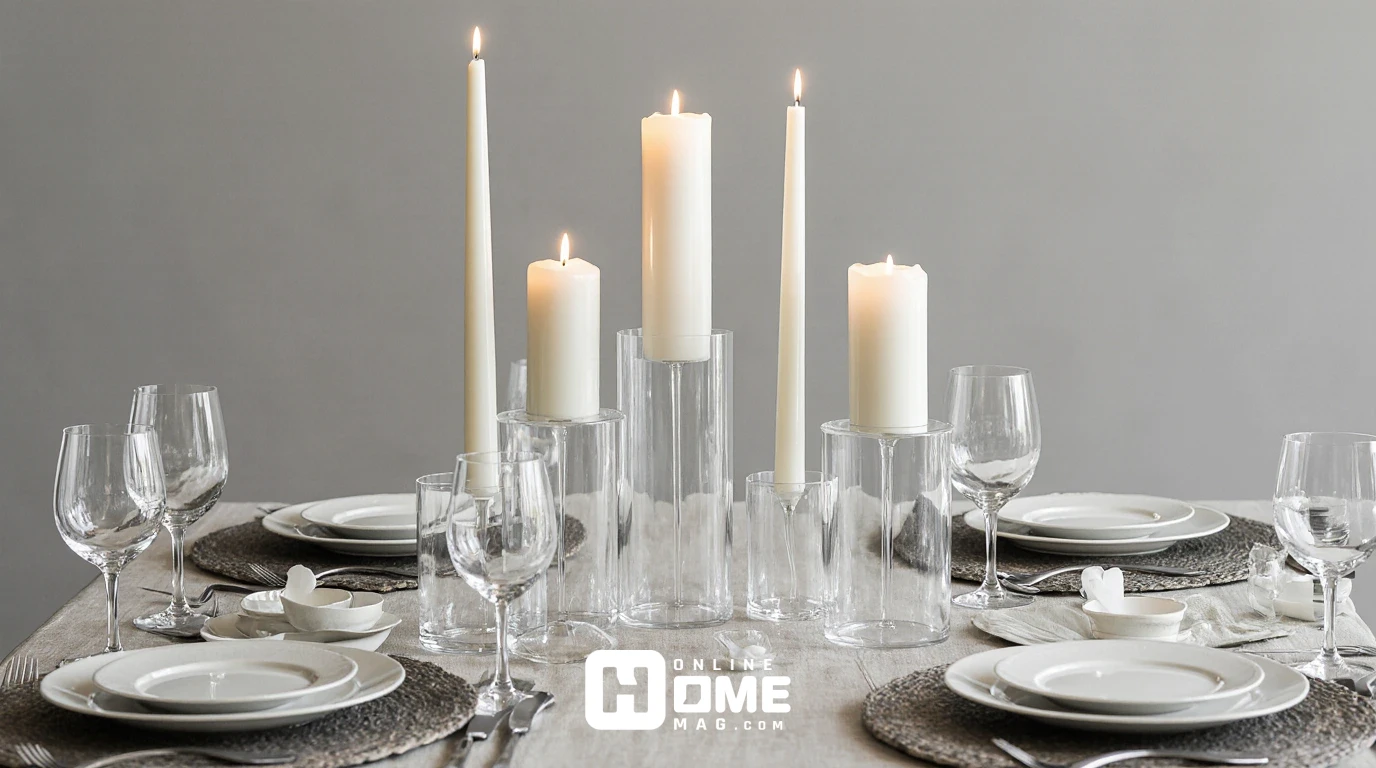 "A minimalist Christmas table with simple white dinnerware, clear glass candle holders, and tall white candles arranged in varying heights. The soft glow of the candles creates a serene and elegant atmosphere. The table is clean and modern, with a neutral color scheme and subtle, sophisticated decor."