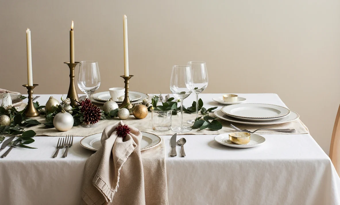"A minimalist Christmas table with a natural greenery garland, lit candles, and simple white dinnerware. The centerpiece features varying candle heights, while soft fairy lights and hanging pendant lights above create a warm, elegant atmosphere. The table exudes a clean and serene vibe, perfect for a festive holiday gathering."