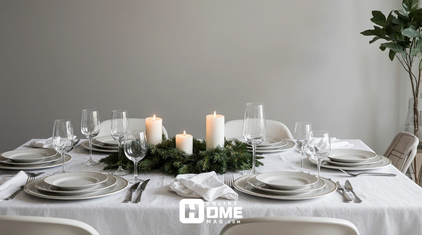 "A minimalist Christmas table with simple white dinnerware, crystal glassware, and a fresh greenery wreath surrounding tall white candles. The neutral table setting, with soft linens and elegant accents, creates a peaceful and festive holiday ambiance."
