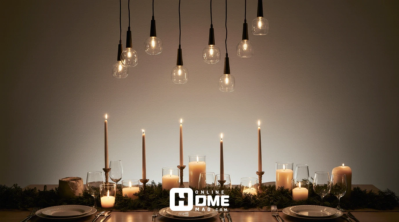 "A minimalist Christmas table with a natural greenery garland, lit candles, and simple white dinnerware. The centerpiece features varying candle heights, while soft fairy lights and hanging pendant lights above create a warm, elegant atmosphere. The table exudes a clean and serene vibe, perfect for a festive holiday gathering."