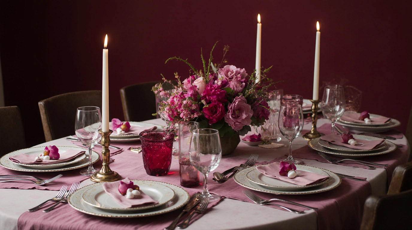Complete Valentine's Day table setup with all final details, soft music playing, perfect temperature, candles lit, flowers fresh, everything ready for romantic dinner, welcoming and complete scene, magazine-worthy presentation