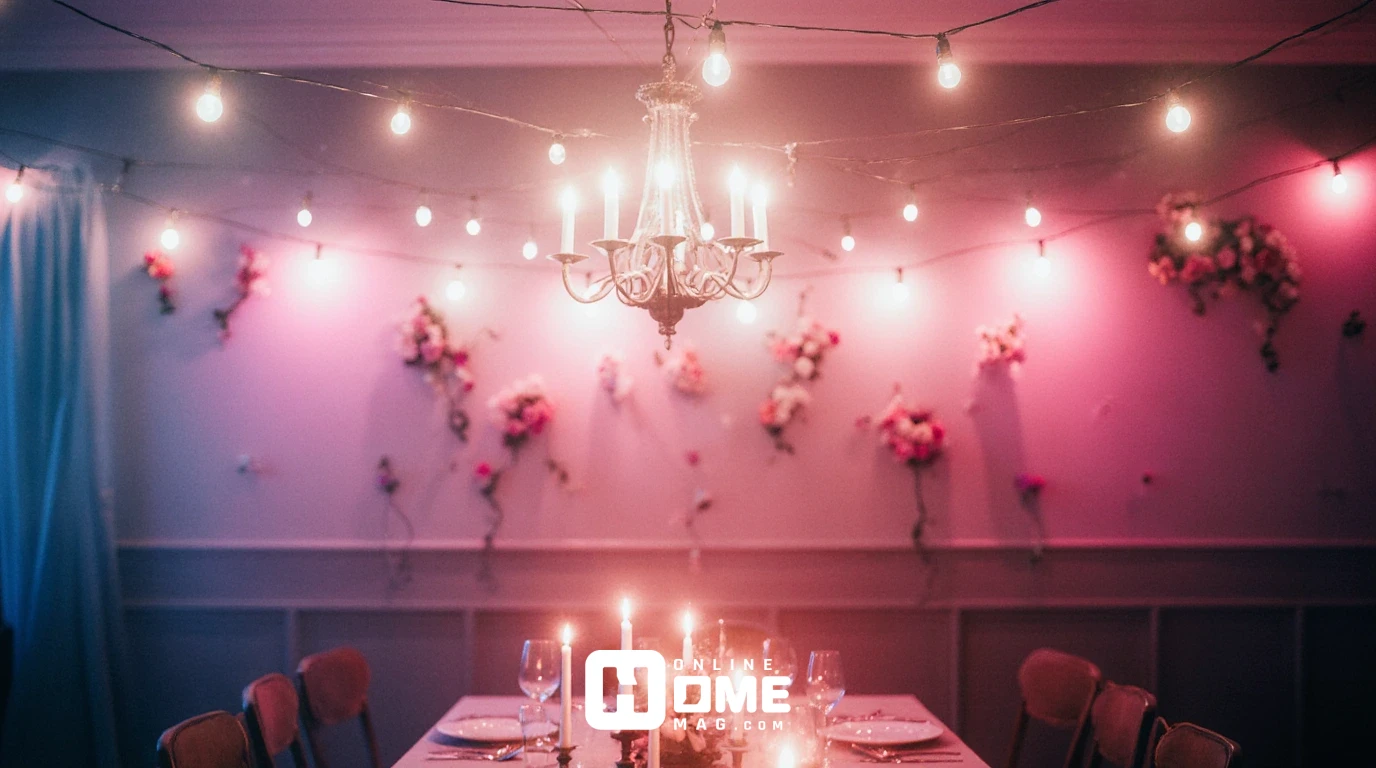 Romantic Valentine's dining room with multiple lighting layers, warm string lights overhead, pink uplighting on walls, candles on table, dimmed chandelier, soft and magical ambiance, dreamy atmosphere