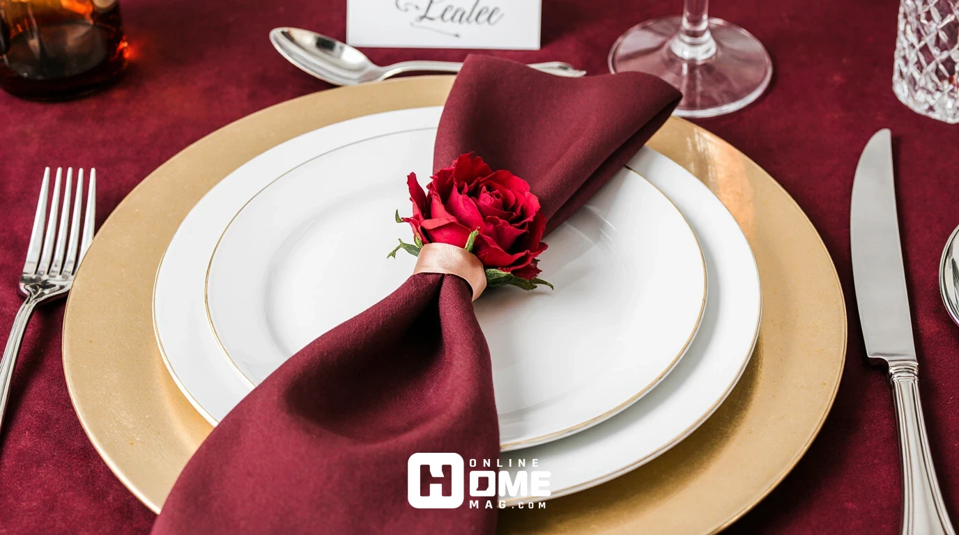 Sophisticated Valentine's Day place setting with gold charger plate, white dinnerware, burgundy napkin with rose gold ribbon, single red rose across plate, name card, elegant and romantic, close-up detail shot