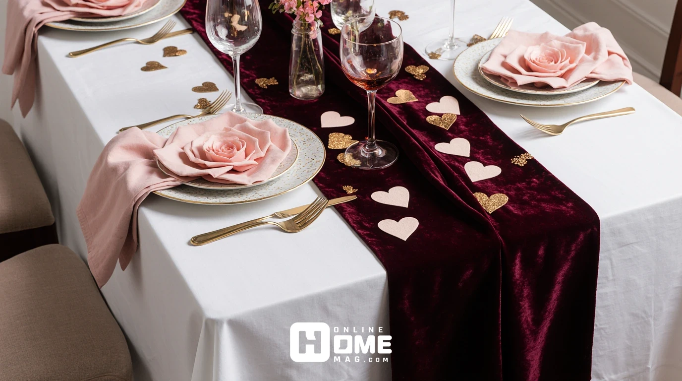 Valentine's Day table with burgundy velvet runner on white tablecloth, pink napkins in rose fold, scattered gold confetti hearts, romantic and textured, sophisticated home dining setup