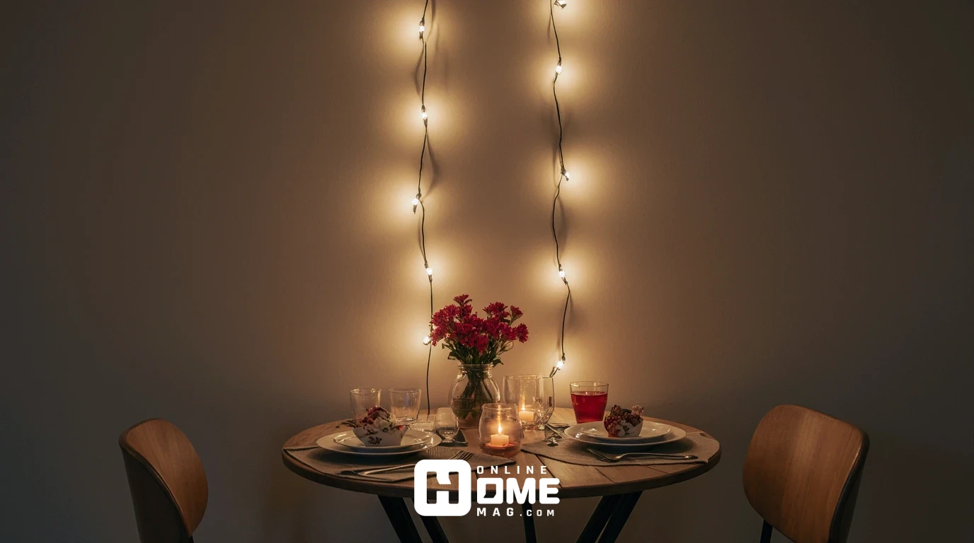 Cozy Valentine's table in small apartment, compact bistro table with space-saving decorations, vertical string lights, small flower arrangement, intimate two-person setup, charming and efficient use of space