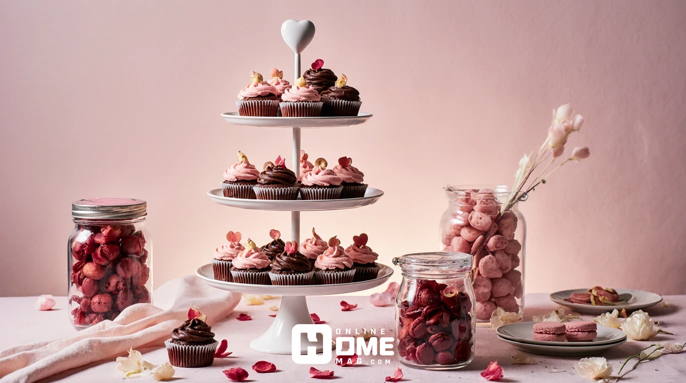 Elegant Valentine's dessert display with tiered cake stand, chocolate-covered strawberries, pink macarons, red velvet cupcakes, glass jars with candy hearts, romantic and delicious, beautifully styled spread
