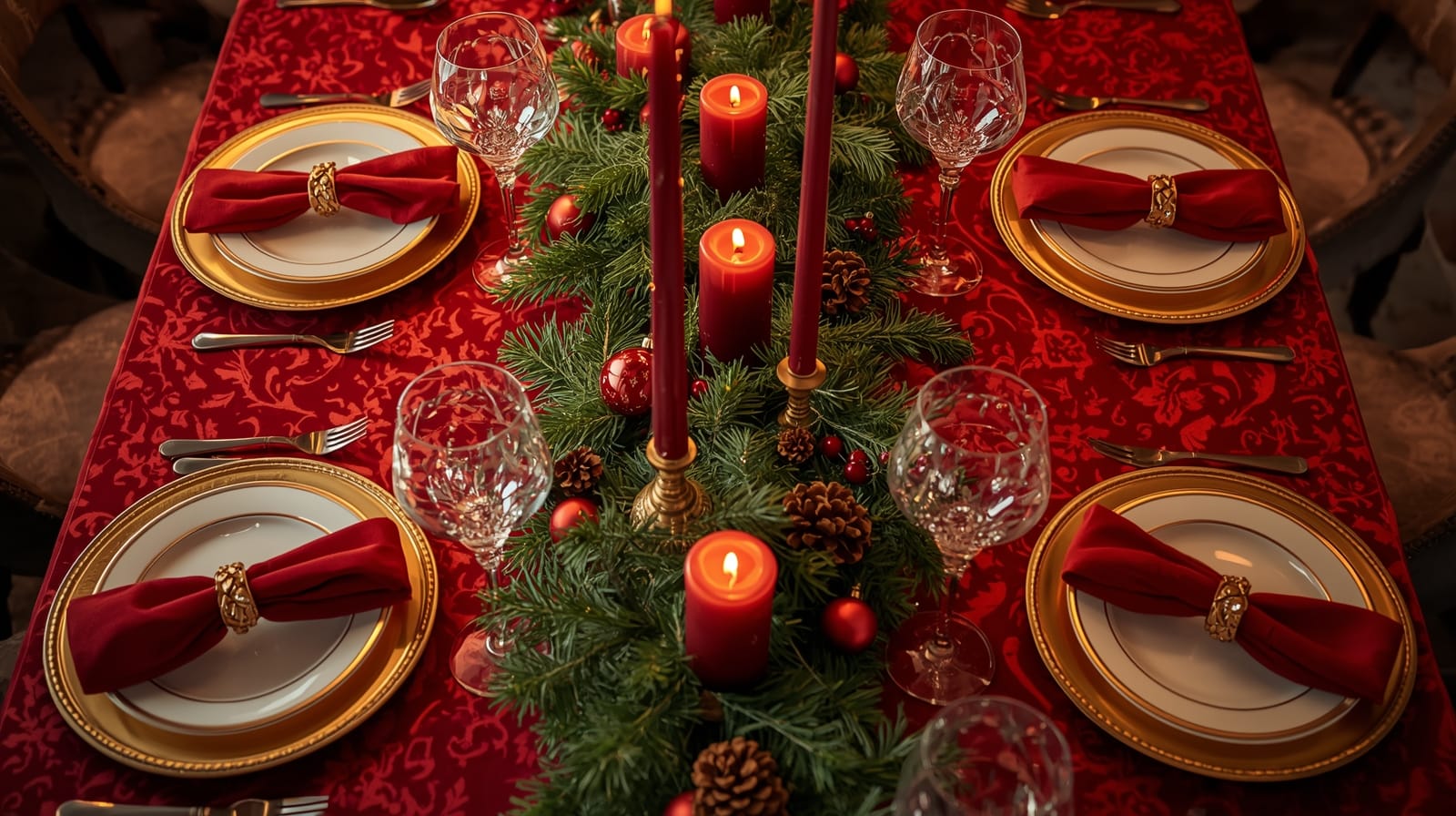 Traditional Christmas table setting with red tablecloth, gold chargers, evergreen centerpiece and burgundy candles