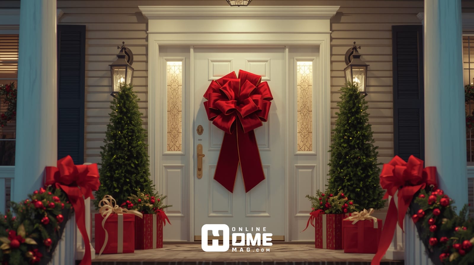 Oversized red velvet bow transforming front door into giant Christmas present" 