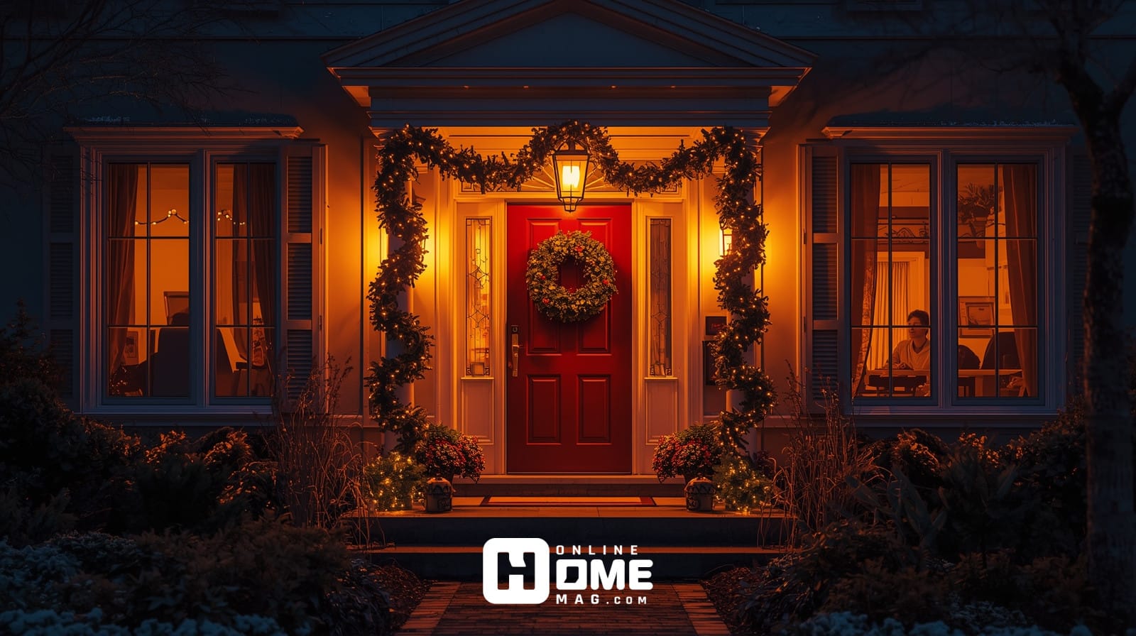 Welcoming Christmas decorated front door creating warm holiday ambiance at night" 