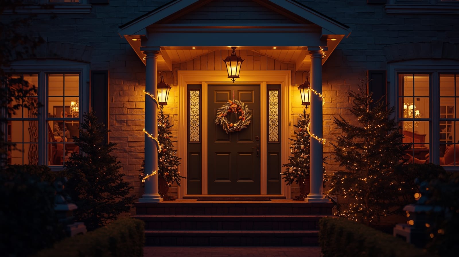 Welcoming Christmas decorated front door creating warm holiday ambiance at night
