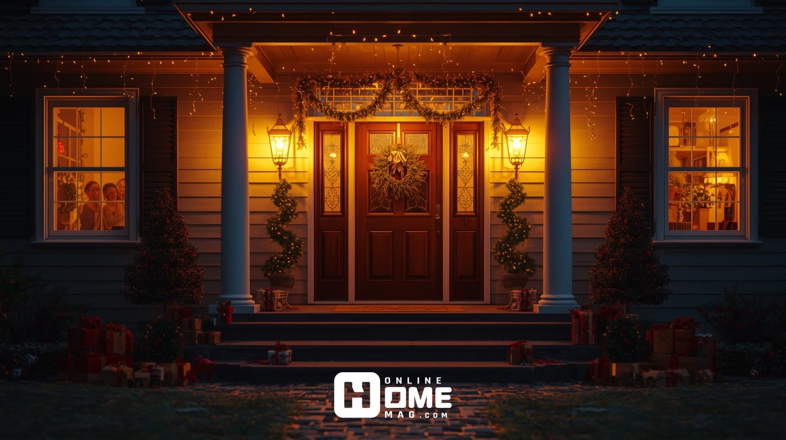 Beautiful red front door decorated for Christmas with large evergreen wreath with red velvet bow, matching garland draped around door frame with white lights, two potted mini Christmas trees on either side, festive doormat, warm welcoming holiday entrance, professional home photography, natural daylight, cozy inviting atmosphere" 