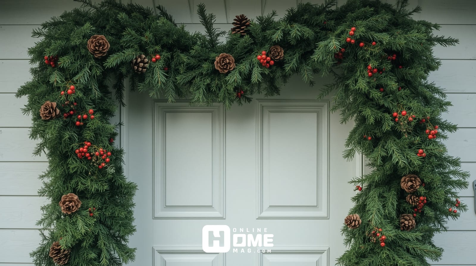 Christmas garland draped around front door frame creating elegant holiday entrance 